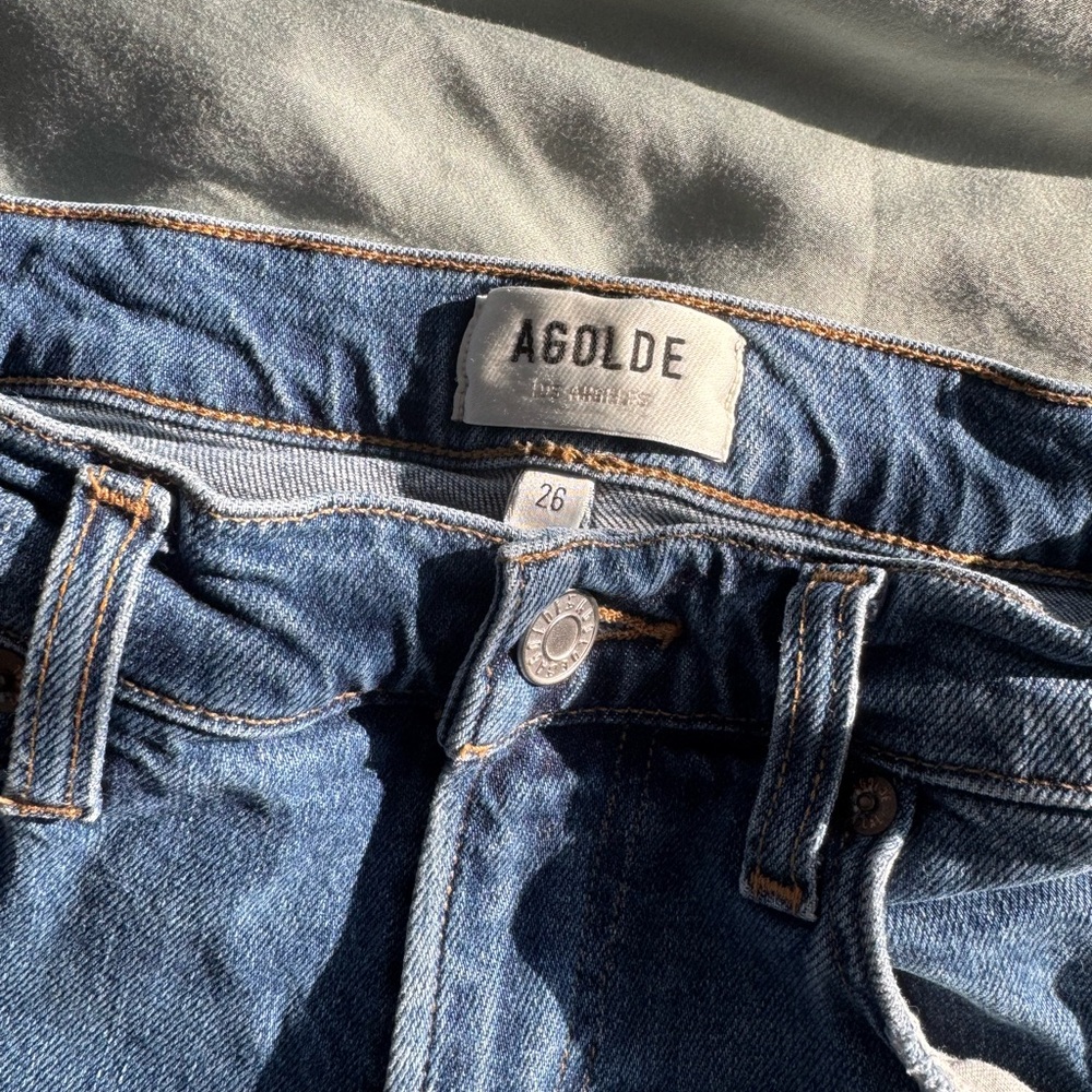 Kye Mid Rise Straight Leg Jeans Distressed Hem Jeans Button Fly